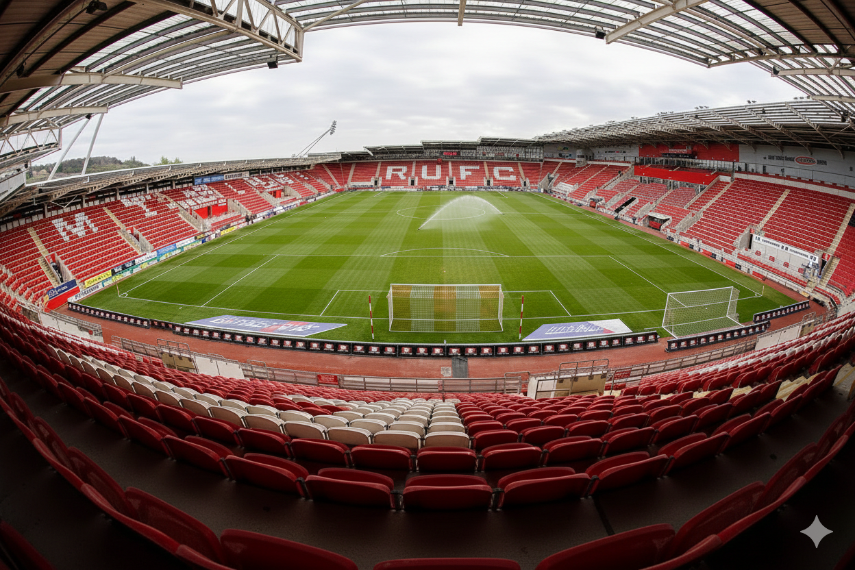 Empty football stadium with red seats and a green pitch under a covered roof