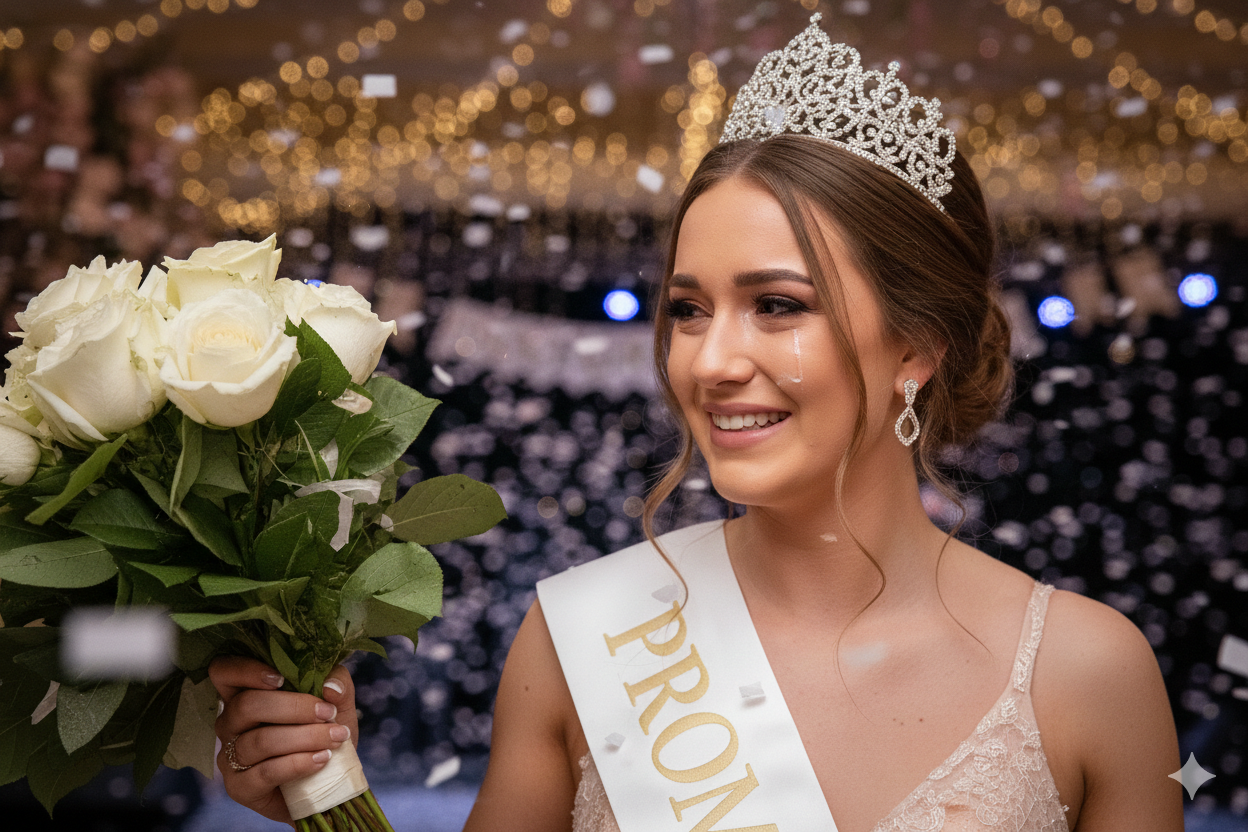Woman wearing a tiara and sash, smiling with a bouquet of white roses at a pageant event.