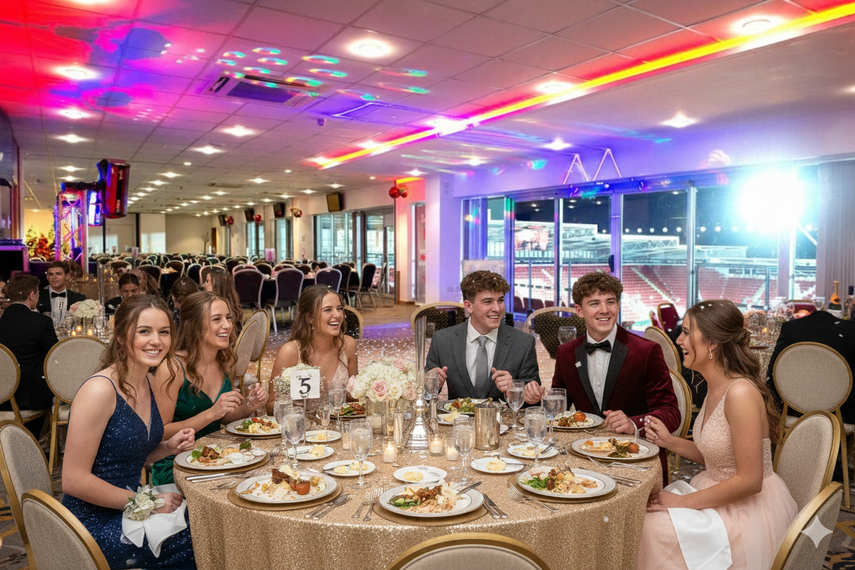 People at a decorated banquet table in a bright ballroom, with plates of food and colorful ceiling lights