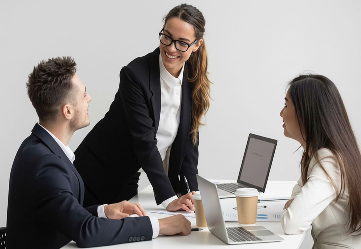 Three colleagues in a meeting, standing and sitting around a laptop and coffee cups in a bright office.