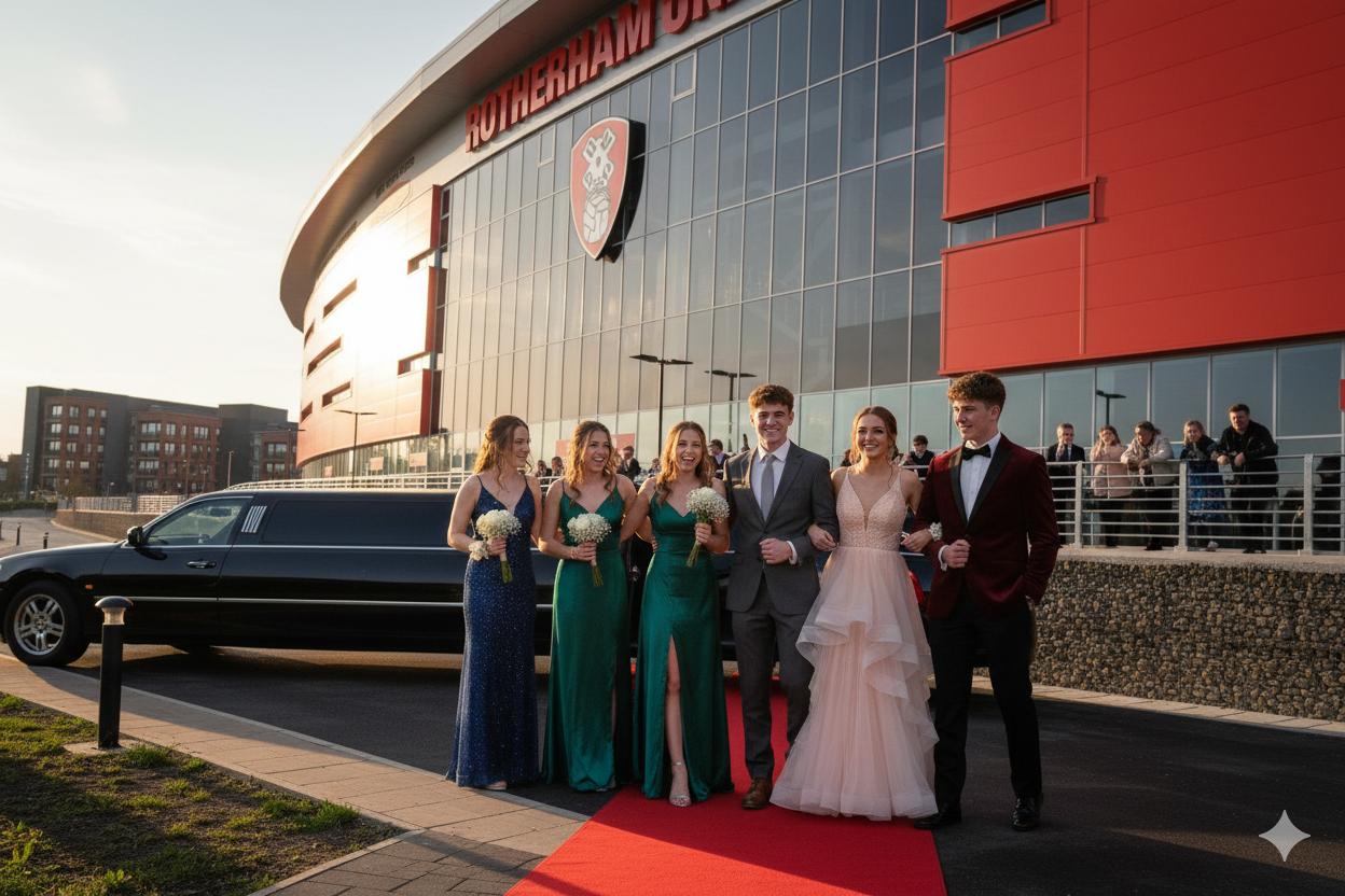 Wedding party posing on red carpet beside a black limousine outside a stadium at sunset