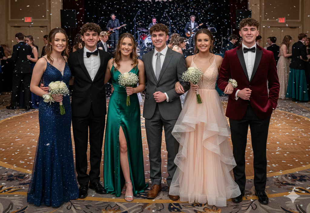 Group of six teens dressed for prom, posing indoors with falling confetti.