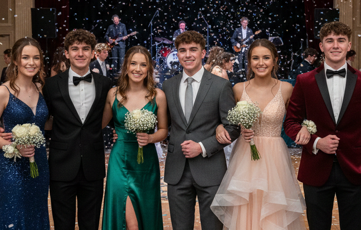 Six teens in formal prom attire posing indoors with bouquets and a starry backdrop.