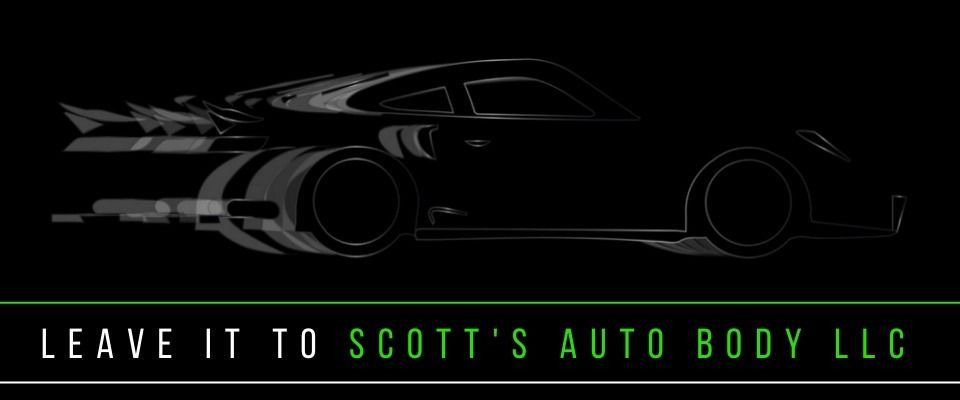 Black car silhouette with green text: “Leave it to Scott’s Auto Body LLC”