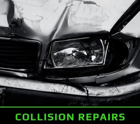 Damaged car front end with shattered headlight and green “COLLISION REPAIRS” text