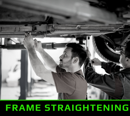 Mechanics straightening a car frame on a lift, with neon green “FRAME STRAIGHTENING” text.