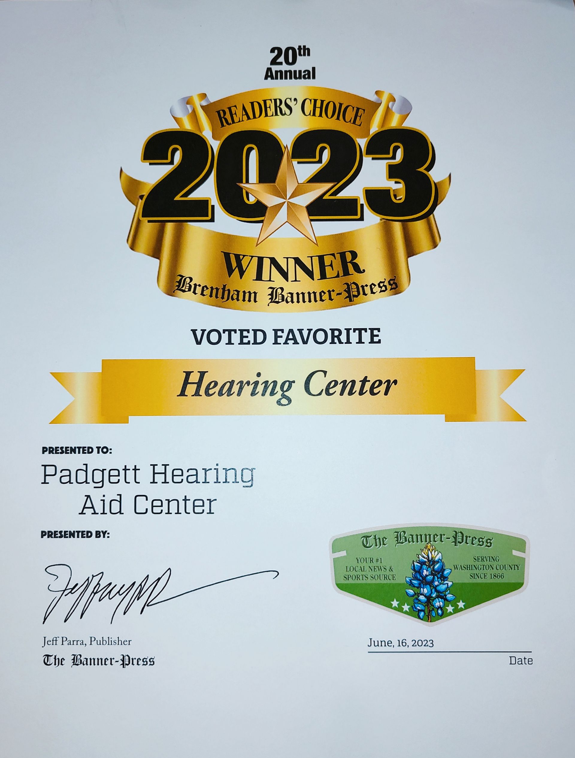 A certificate that says 2023 winner voted favorite hearing center