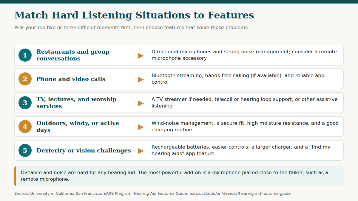 Five-row chart matching hard listening situations, such as restaurants, phone calls, worship services, outdoor days, and dexterity challenges, to the hearing aid features that help each one