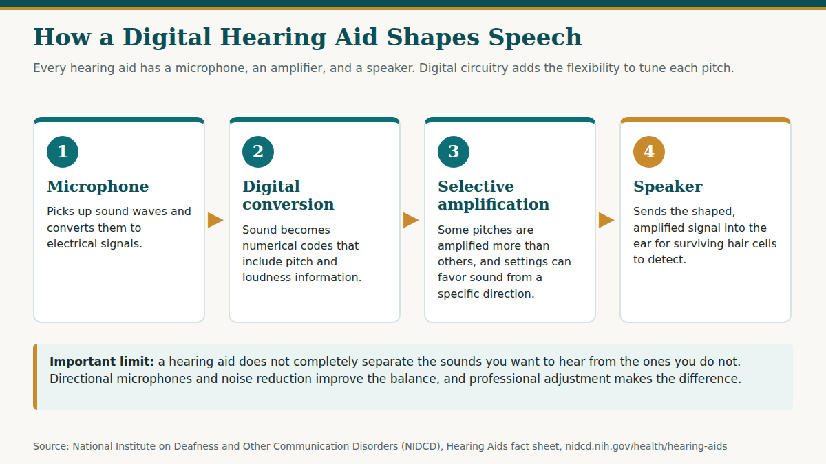 Four-step diagram showing how a digital hearing aid works: a microphone picks up sound, digital conversion turns it into numerical codes, selective amplification boosts specific pitches, and a speaker delivers the signal to the ear