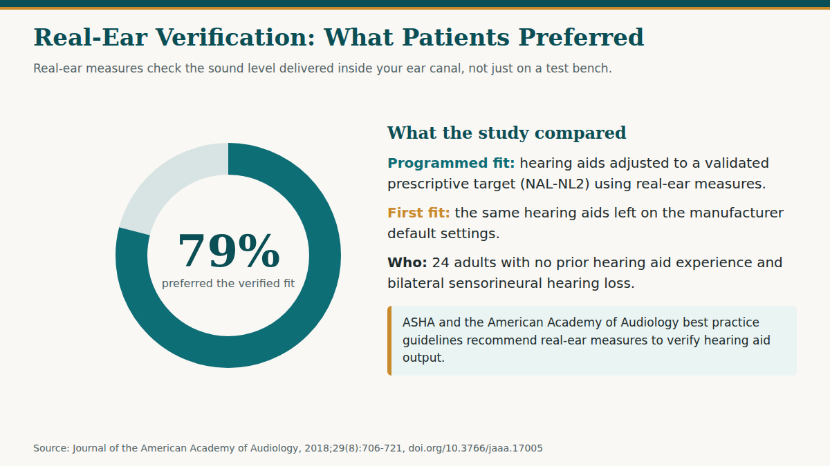 Donut chart showing 79 percent of study participants preferred hearing aids programmed with real-ear measures over manufacturer first-fit settings