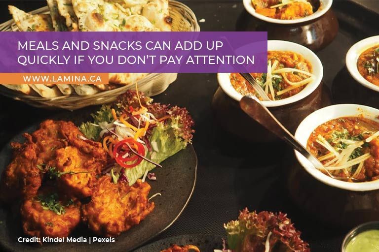 A tray of food with a purple banner that says meals and snacks can add up quickly if you don 't pay attention and is part of a blog to help people budget their money and how they can leverage a short term loan to achieve their budget goals