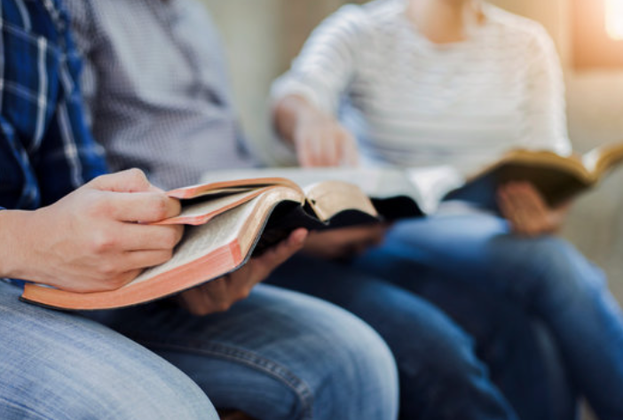 A group of people are sitting in a row reading books.