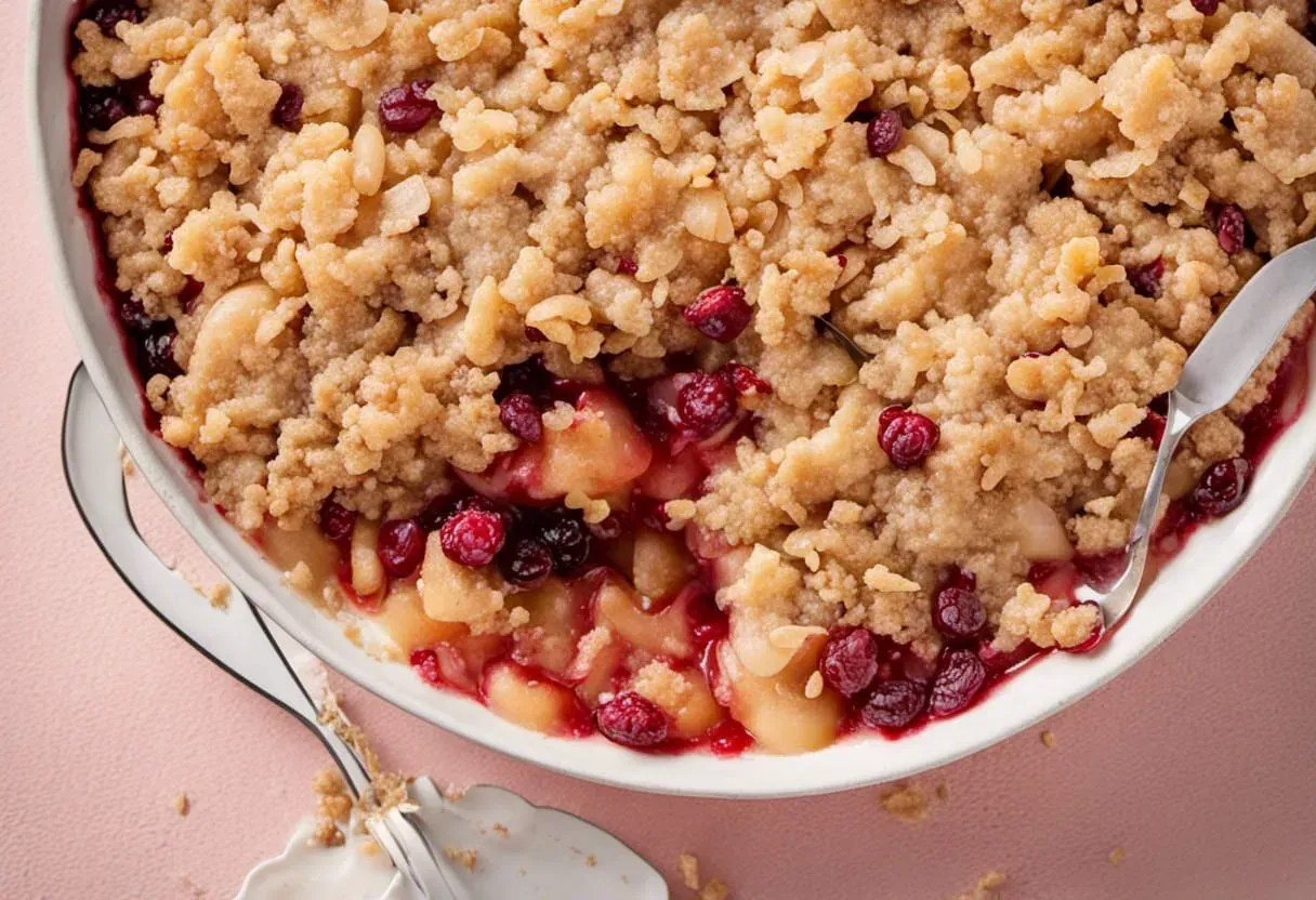 Apple cranberry crumble in a white dish; golden crumble topping with red berries and baked apples.