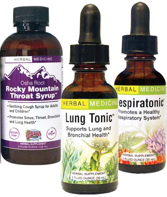 Three bottles of herbal medicine: Osha Root throat syrup, Lung Tonic, and Respiratonic.