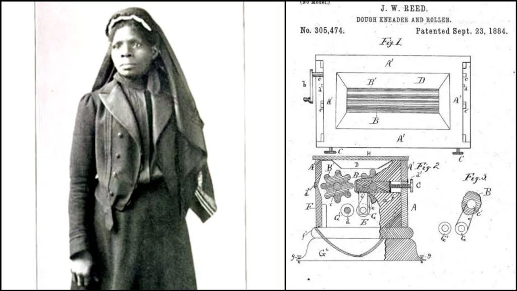 Woman with dark hair and shawl, next to a patent drawing for a photographic machine.