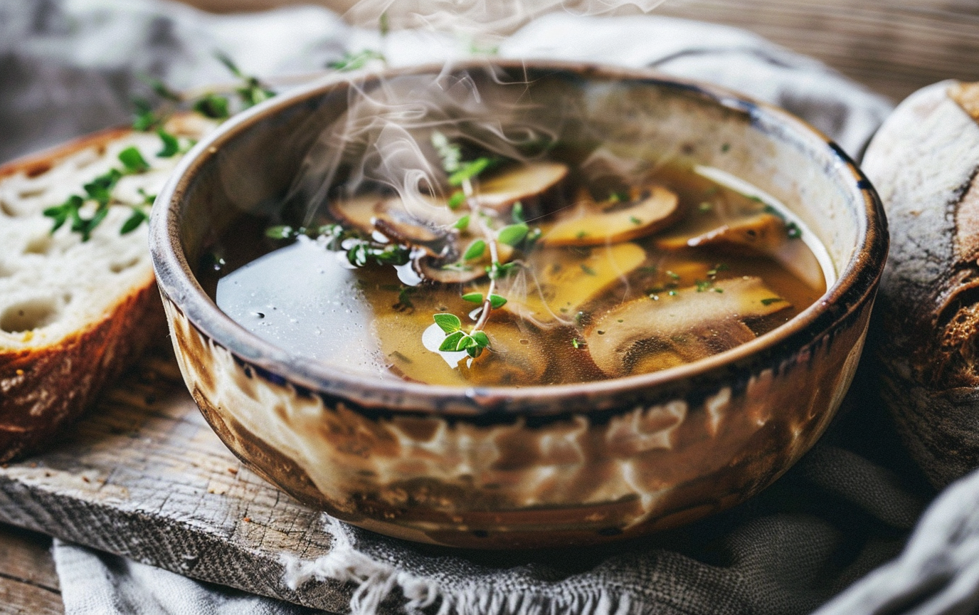 Bowl of mushroom soup, steaming, with bread on a wooden board.