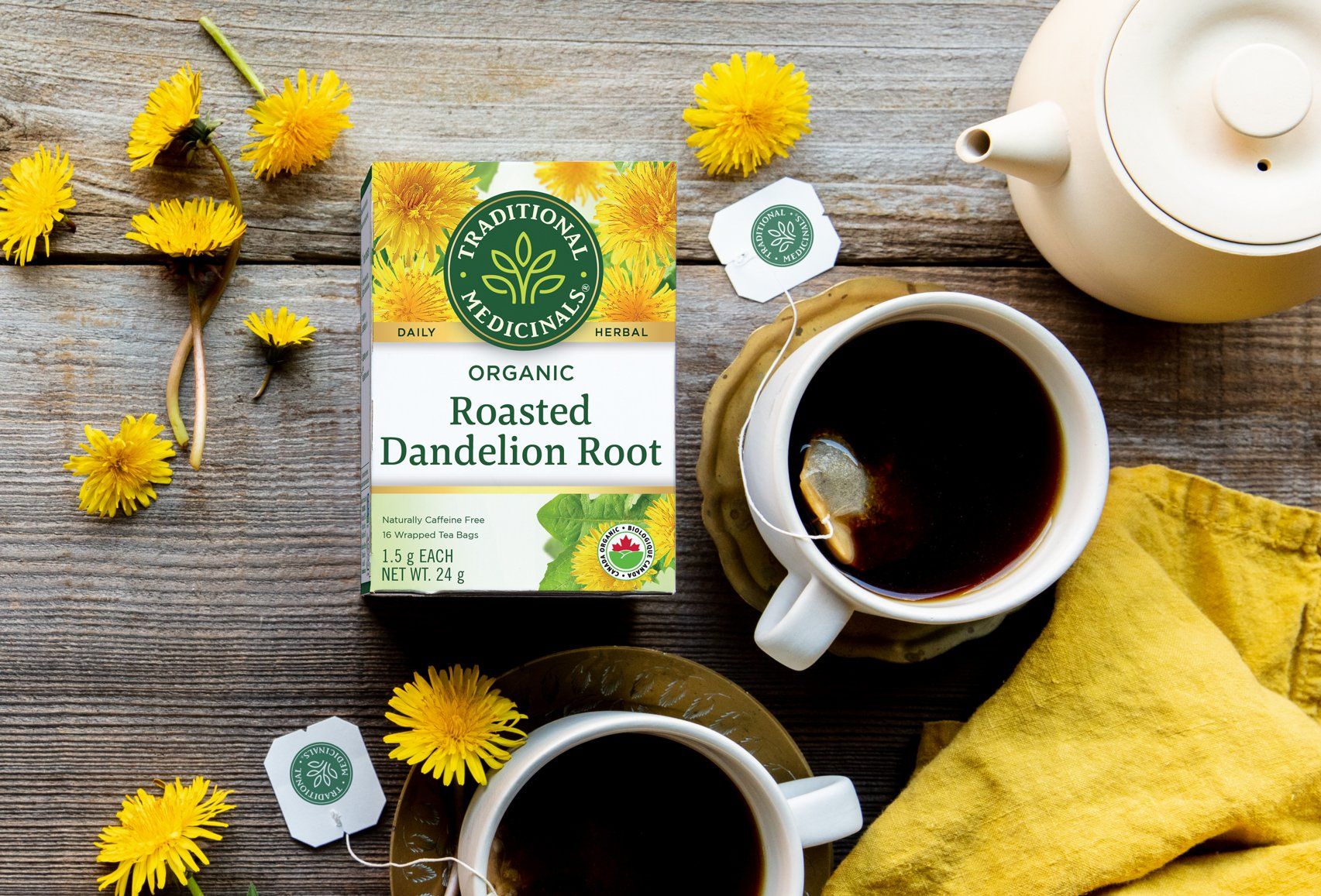Overhead shot of dandelion root tea setup with two mugs of tea, tea bags, teapot, and flowers on a wooden surface.