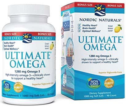 Bottle and box of Nordic Naturals Ultimate Omega supplements. White bottle and blue box feature text and lemon illustration.