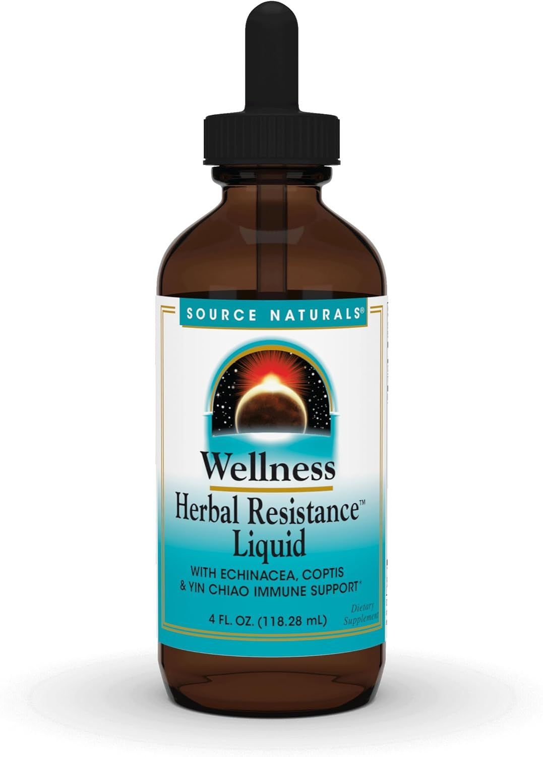 A brown glass bottle of Source Naturals Wellness Herbal Resistance Liquid with a dropper, featuring a label with the brand name and product description.