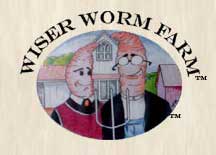 Logo for Wiser Worm Farm, featuring two anthropomorphic worms in front of a house. One wears glasses and a suit. The farm name surrounds the image.