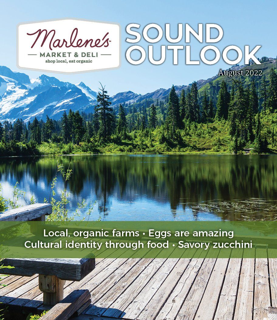 Marlene's Market & Deli magazine cover with lake and mountain view; titles: Sound Outlook, local farms, eggs, food.