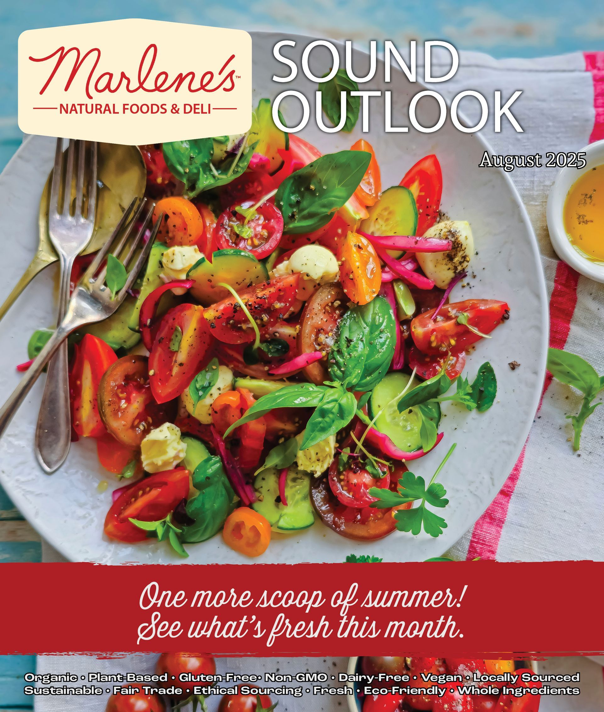 Marlene's Natural Foods & Deli cover; salad with tomatoes, basil, and a sauce; 