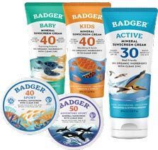 Sunscreen products from Badger: Baby, Kids, Active, Sport, and Adventure lines. Featuring labels with the Badger logo.
