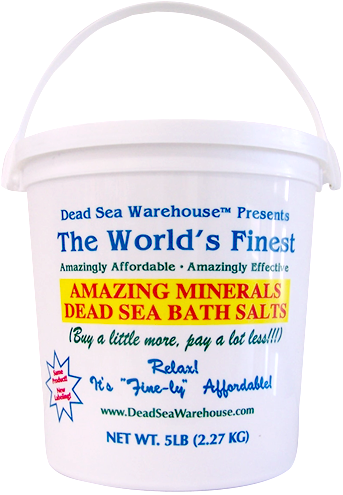 White bucket of Dead Sea bath salts labeled 