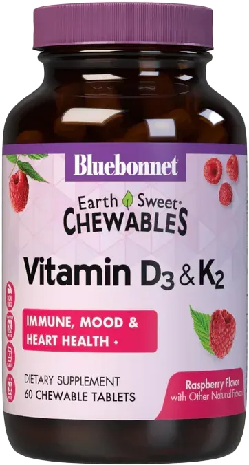 Bottle of Bluebonnet Vitamin D3 & K2 chewable tablets, raspberry flavor. Labels highlight immune, mood, and heart health benefits.
