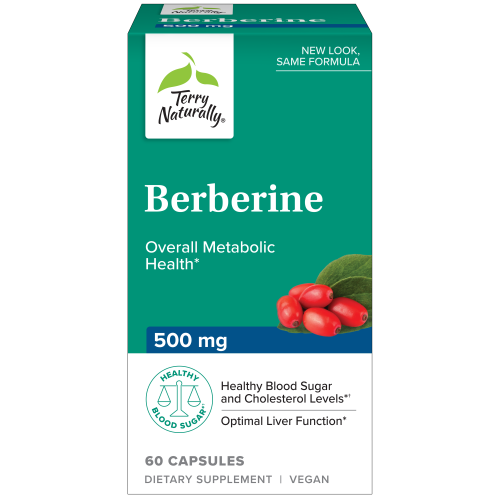 Box of Terry Naturally Berberine dietary supplement. Contains 60 capsules, 500mg each, for metabolic health, blood sugar, cholesterol, and liver function.