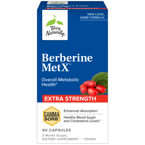 Box of Terry Naturally Berberine MetX supplements, with red berries and leaf. 