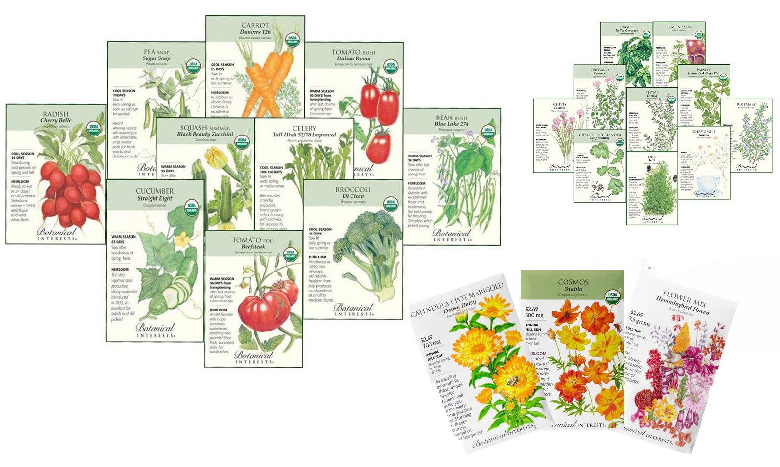 Seed packets featuring vegetables, herbs, and flowers, arranged in various displays against a white background.