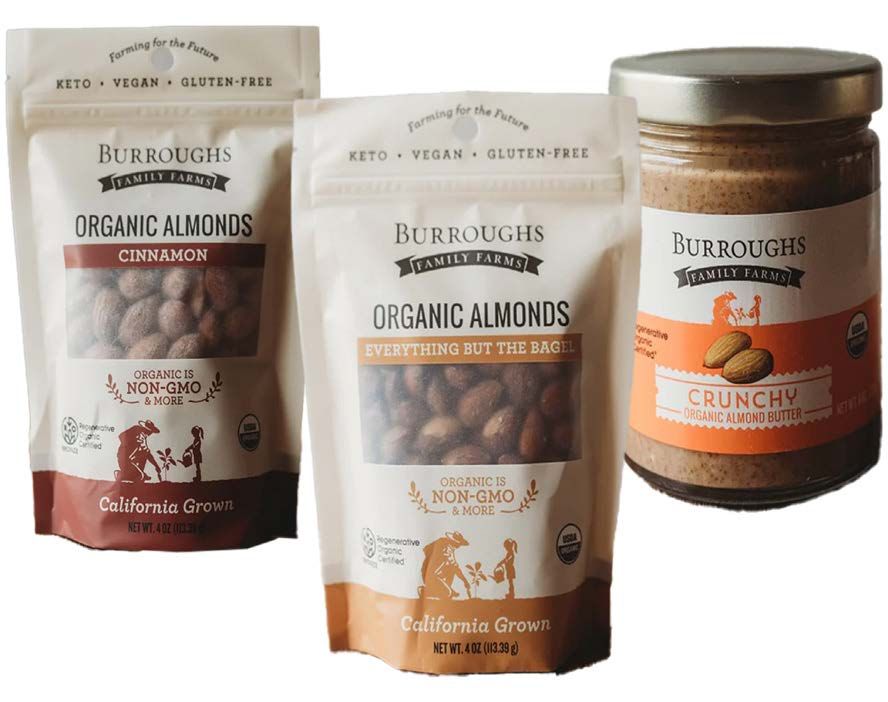 Three Burroughs Family Farms almond products: cinnamon almonds,