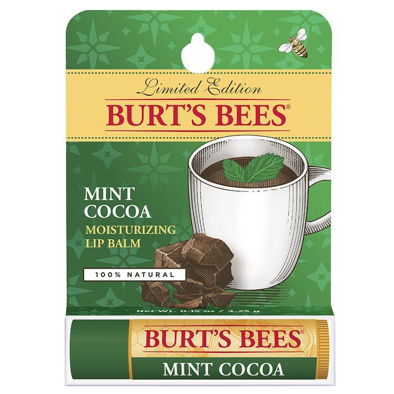 Burt's Bees Mint Cocoa moisturizing lip balm. The packaging is green with a cocoa and mint illustration. The lip balm tube is also green.