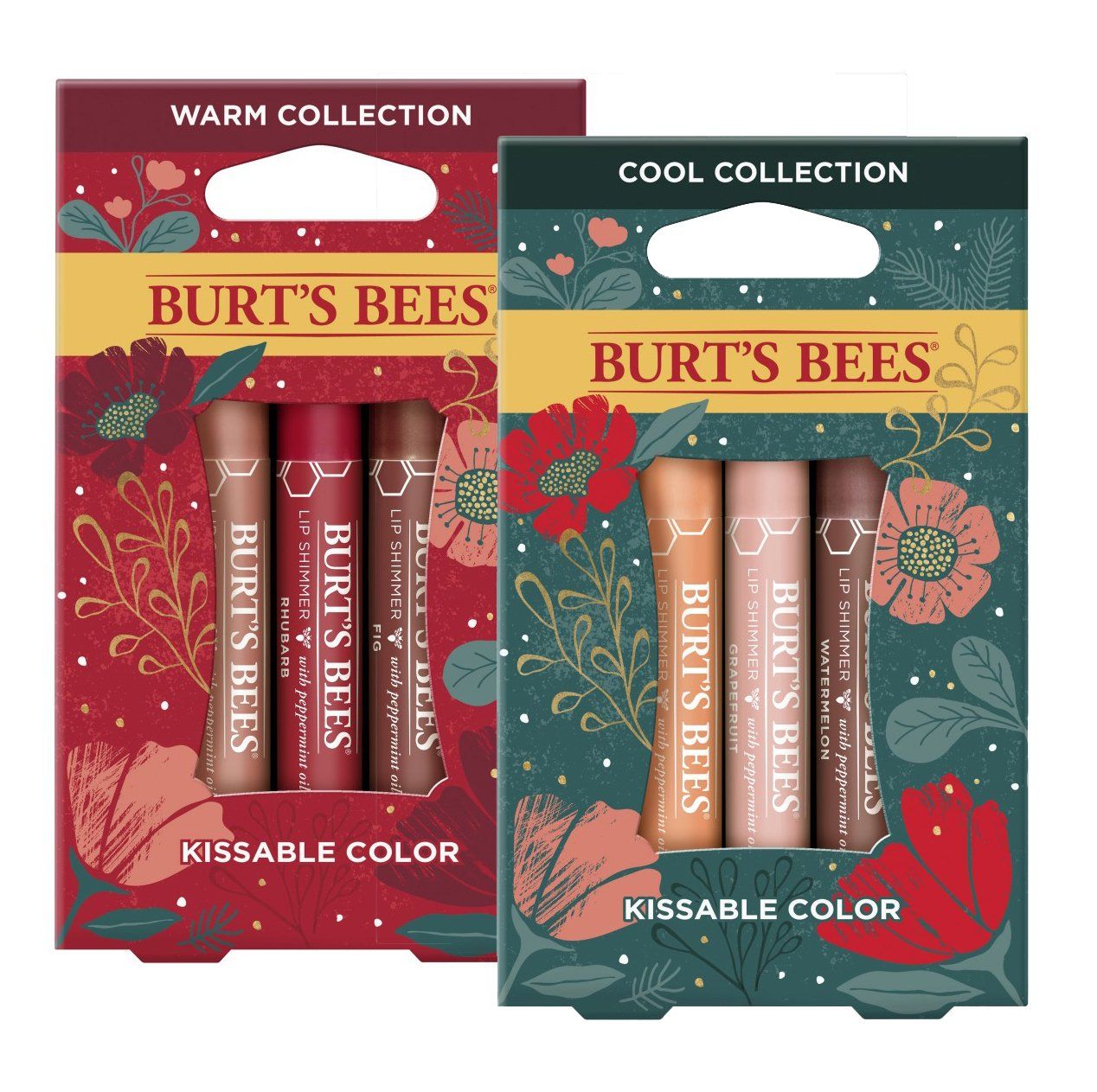 Two Burt's Bees lip color collections: warm tones in a red box, cool tones in a teal box. Each has three lip colors.