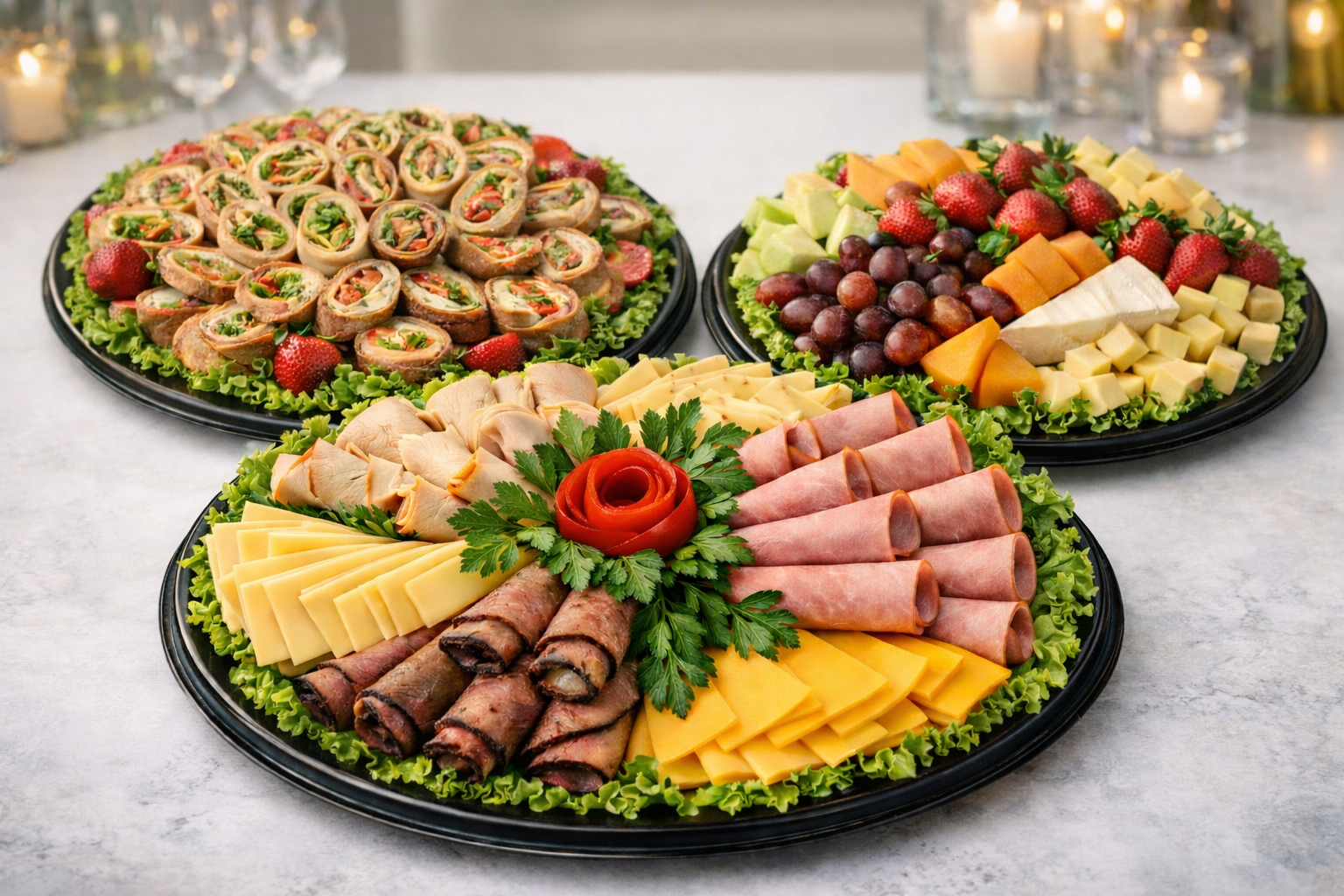 Three platters of food: rolls, fruit/cheese, and meats/cheeses, garnished with lettuce.