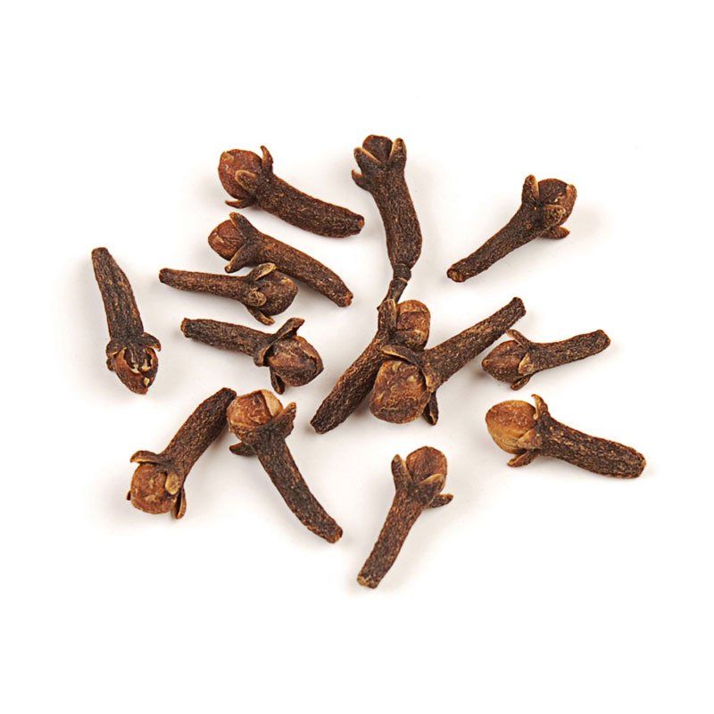 A cluster of dried cloves, small and brown, with a bulbous head on a white background.