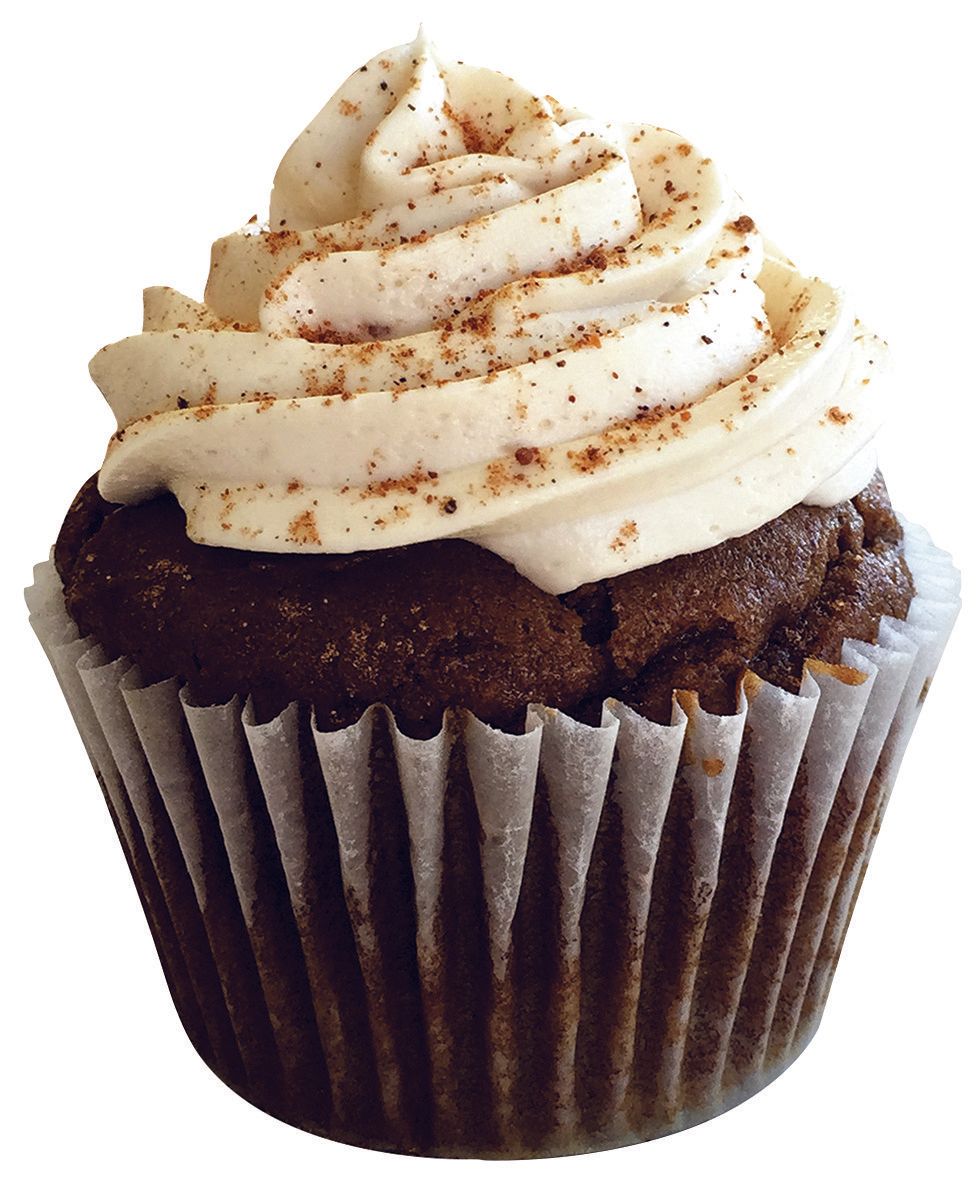 Chocolate cupcake with white frosting, sprinkled with cinnamon, in a white paper liner.