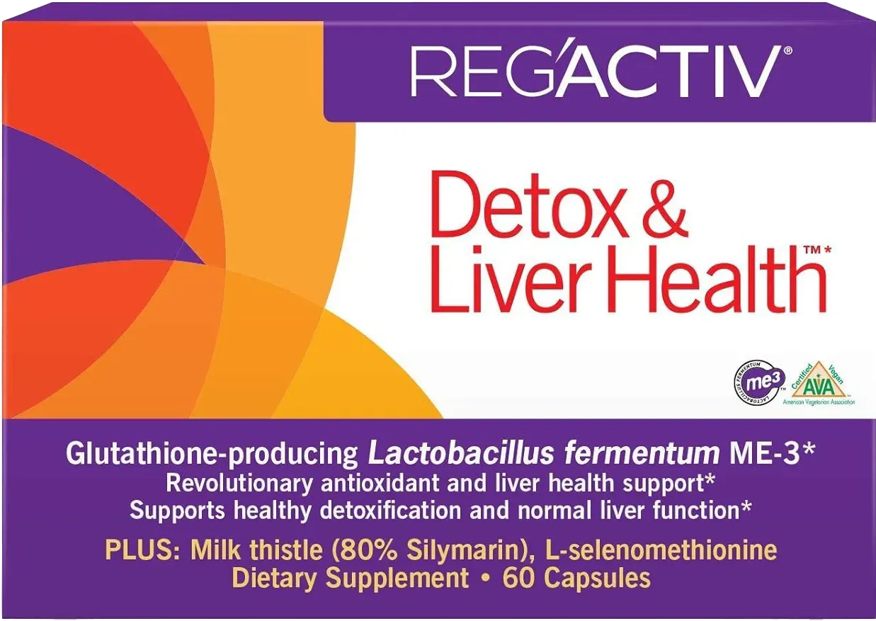 Box of Reg'Activ Detox & Liver Health supplements, featuring orange and purple design. Contains 60 capsules with ingredients like milk thistle.