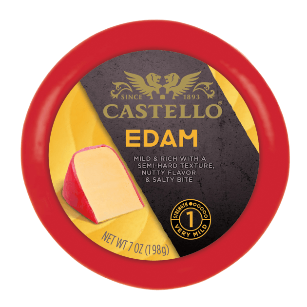 Castello Edam cheese in a red wax rind, with text and a graphic of a cheese wedge.