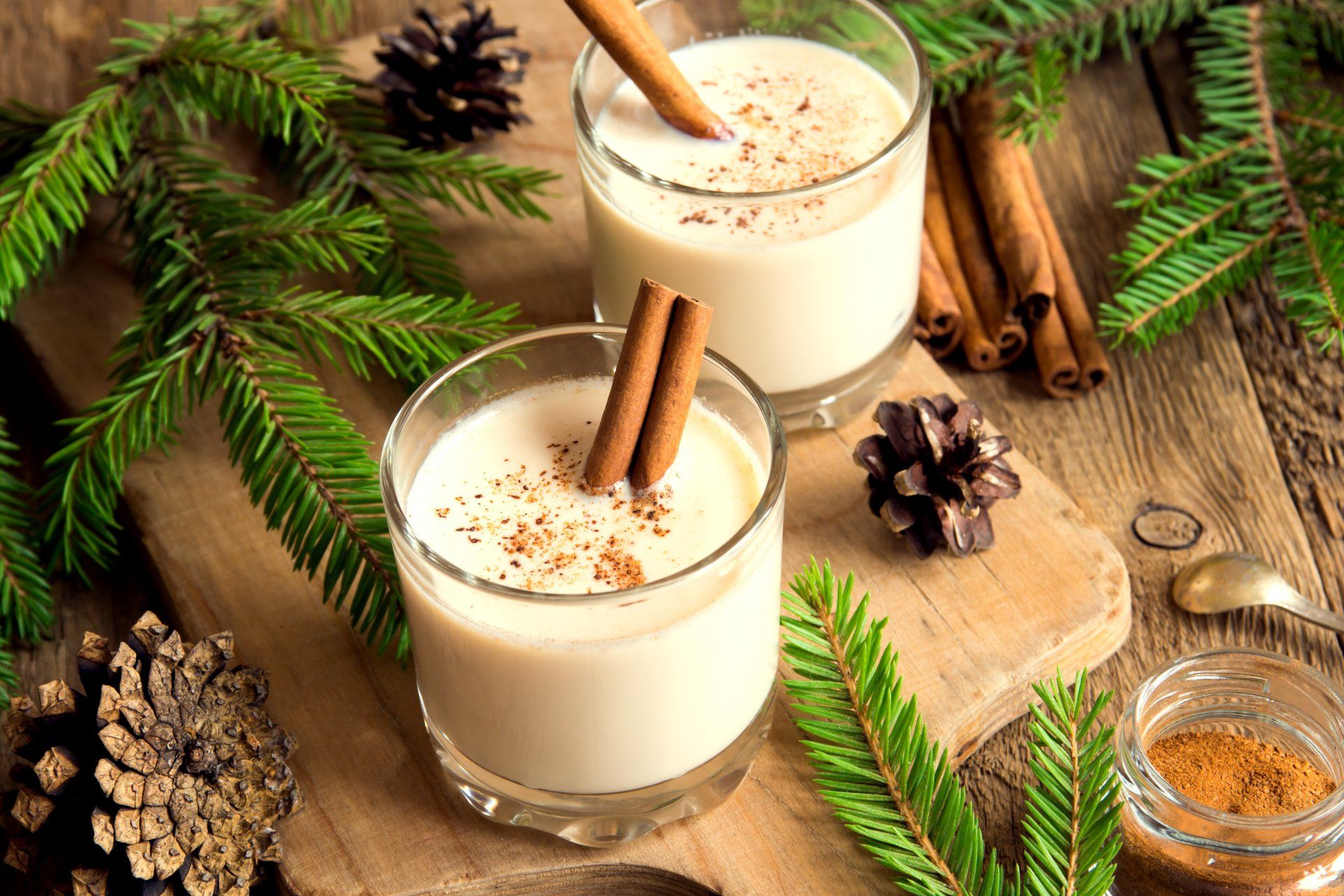 Two glasses of eggnog with cinnamon sticks and a sprinkle of nutmeg, with pine branches and cones on a wooden surface.