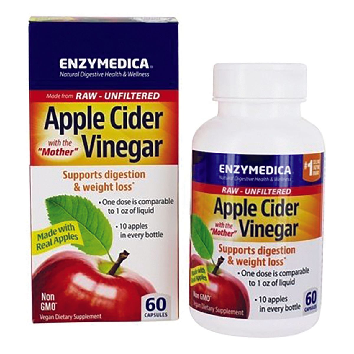 Box and bottle of Enzymedica Apple Cider Vinegar capsules, promoting digestion and weight loss. Features a red apple graphic and