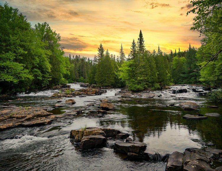 River flowing through a forest at sunset. Rocks in the water, surrounded by trees under a colorful orange and yellow sky.