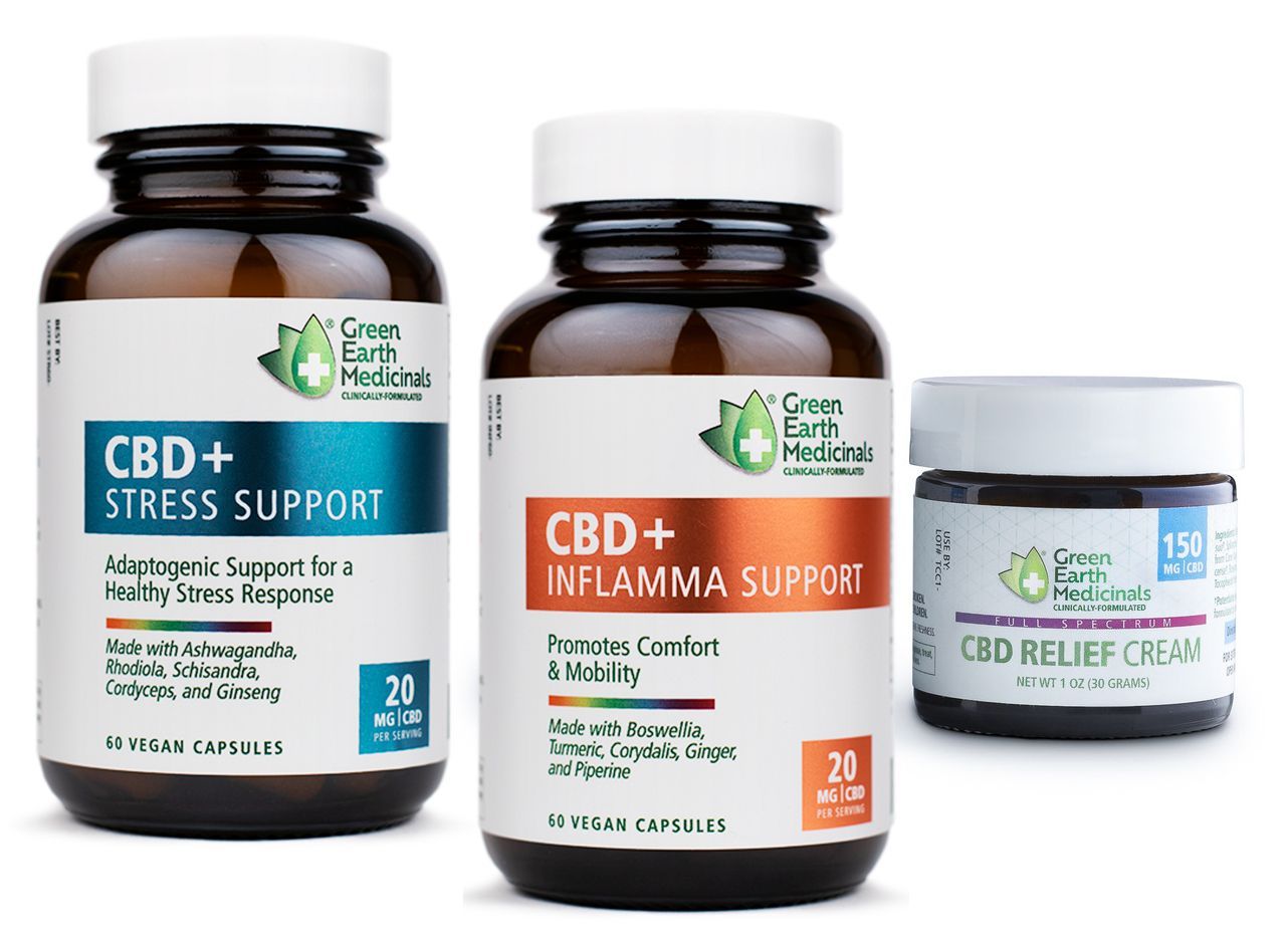 Three Green Earth Herbals products: CBD Stress Support and Inflamma Support capsules, and CBD Relief Cream.