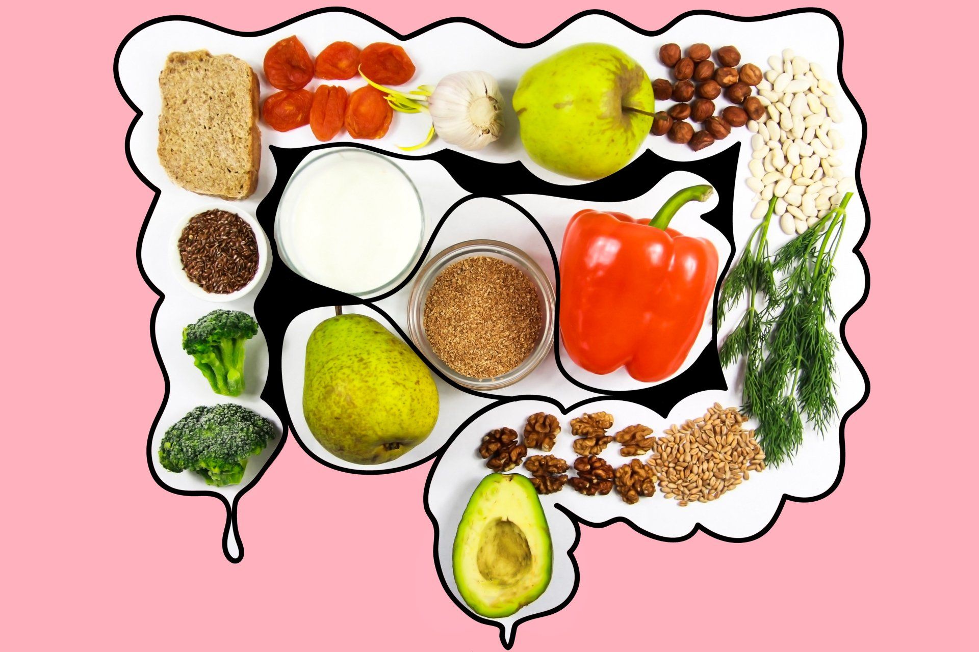 An artistic representation of a colon filled with various healthy foods like fruits, vegetables, and grains, promoting gut health.
