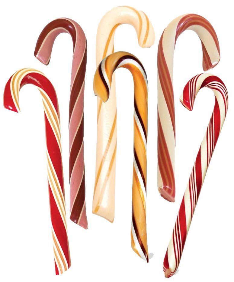 Seven candy canes in various colors and stripe patterns against a white background.