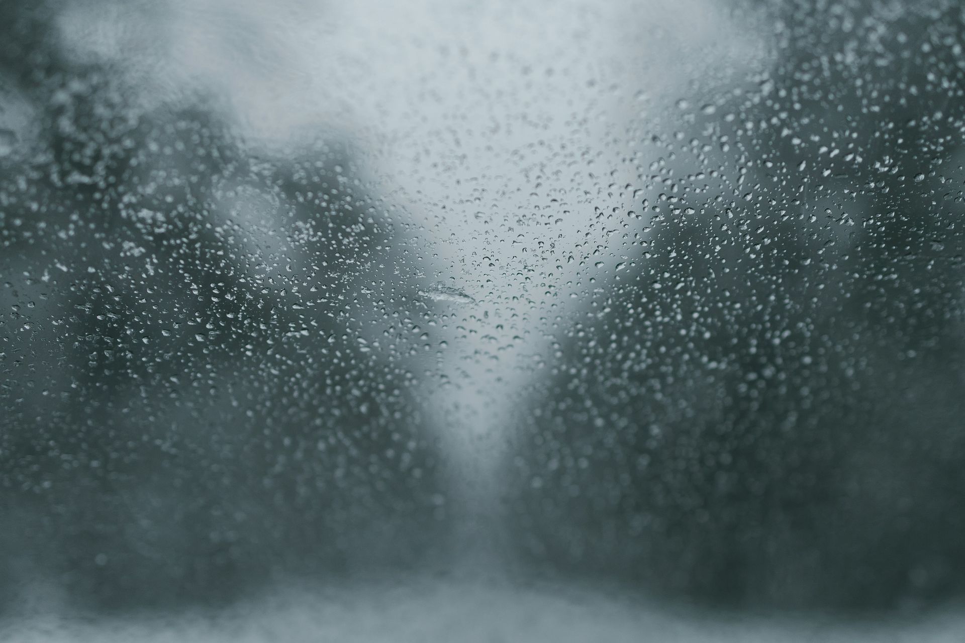 Raindrops on a car windshield obscuring a blurred view of trees in muted grey tones.
