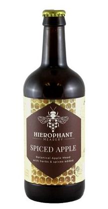 Hierophant Meadery Spiced Apple bottle with brown label and honeycomb design, featuring a bee emblem.