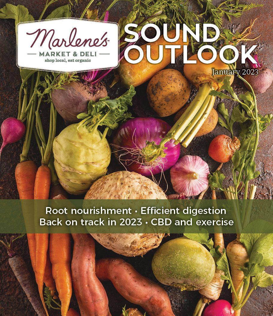 Marlene's Market & Deli magazine cover: Various root vegetables with text 