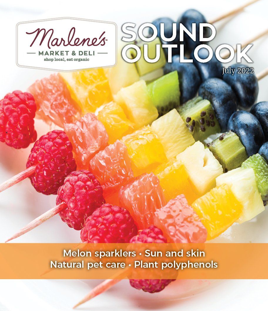 Marlene's Market & Deli magazine cover: Fruit skewers in rainbow colors.